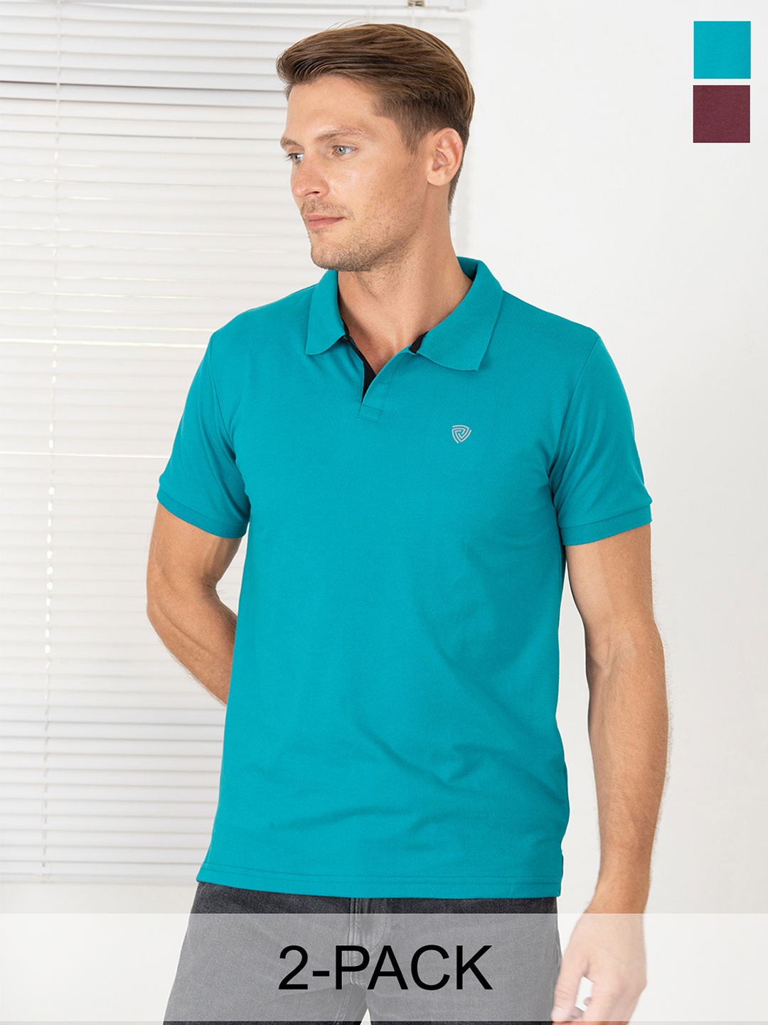 

Lux Cozi Pack of 2 Polo Collar Anti Odour Pure Cotton Lounge T-shirts, Blue