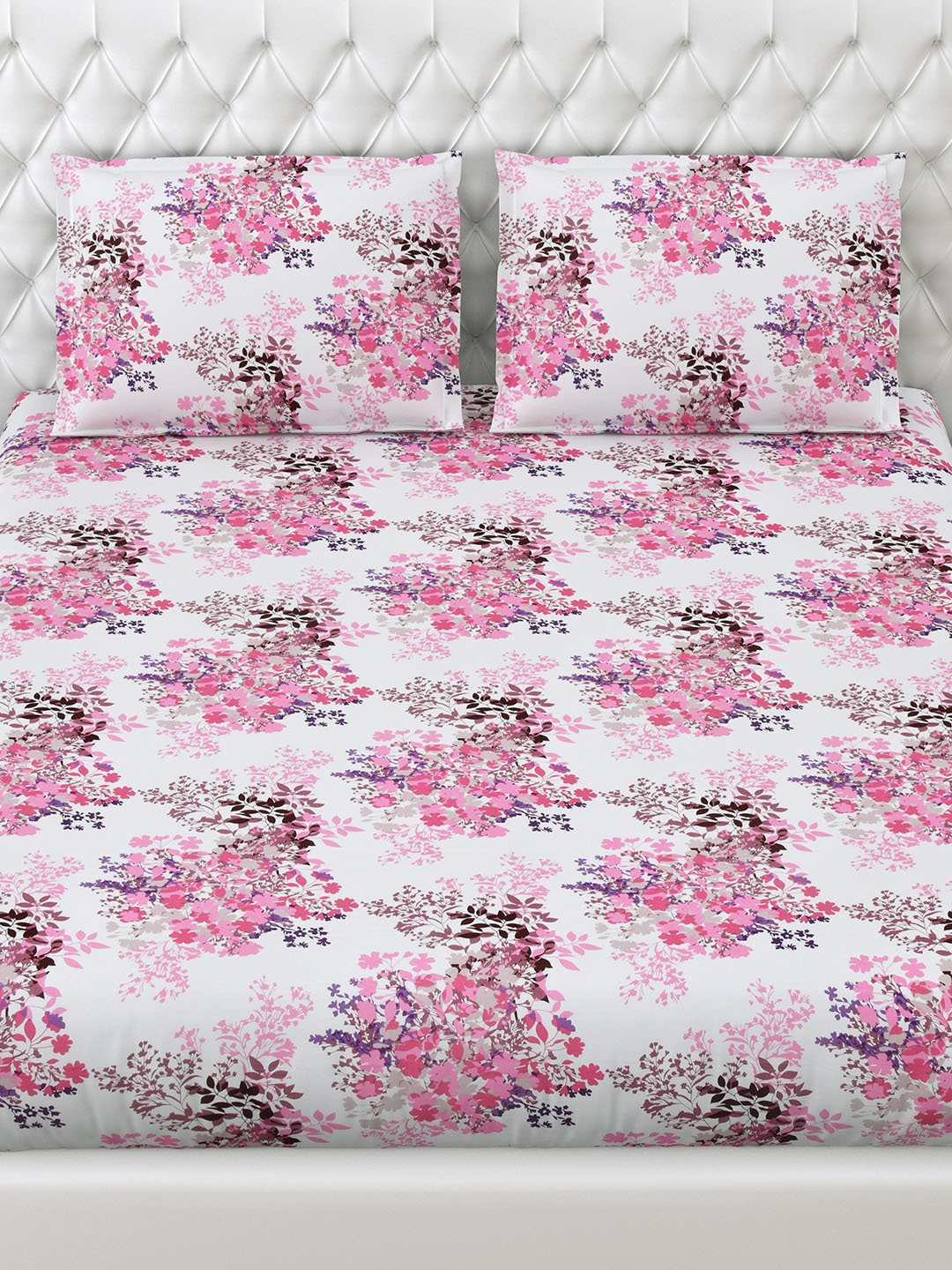 

haus & kinder Pink Floral 186 TC Cotton Fitted Queen Bedsheet With 2 Pillow Covers