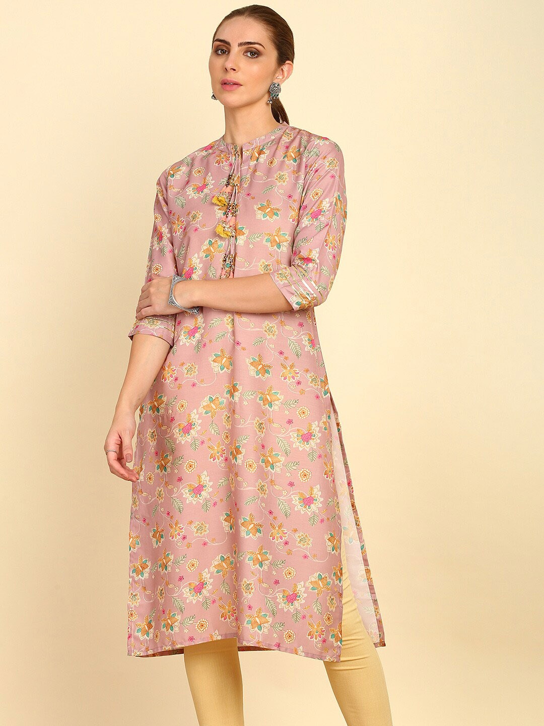 

Soch Ethnic Motifs Printed Tie-Up Neck Straight Kurta, Pink