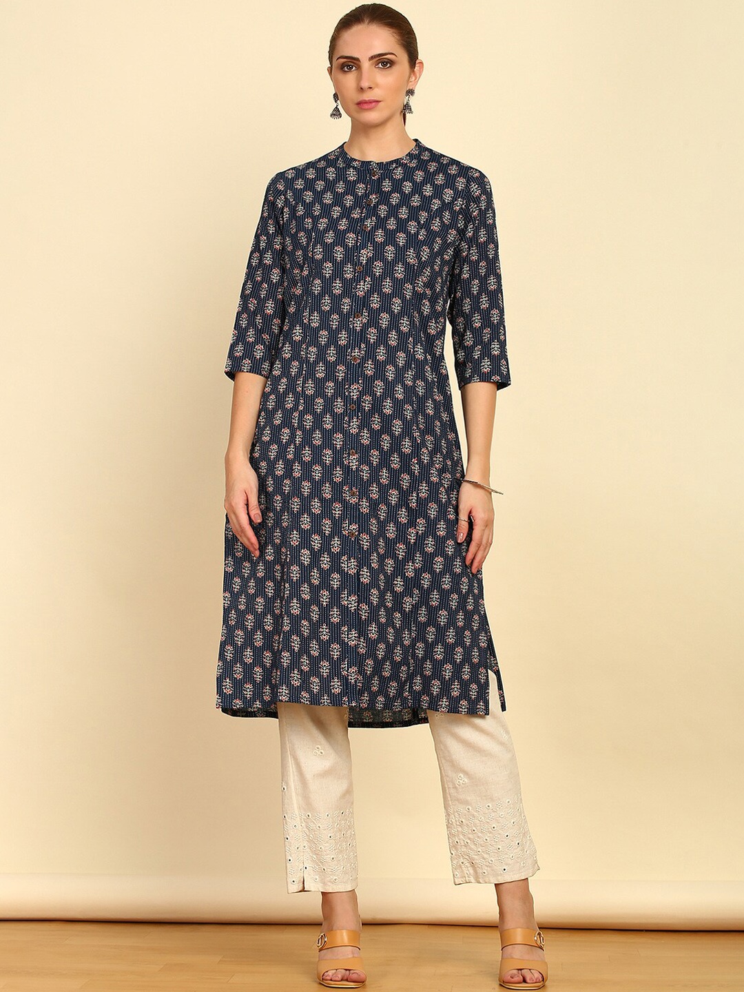 

Soch Navy Blue Ethnic Motifs Printed Straight Pure Cotton Kurta