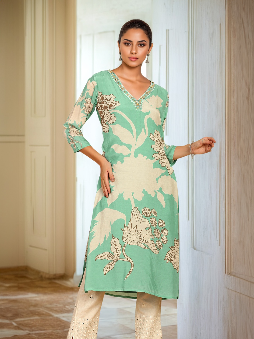 

Soch Blue Floral Printed Thread Work Straight Kurta