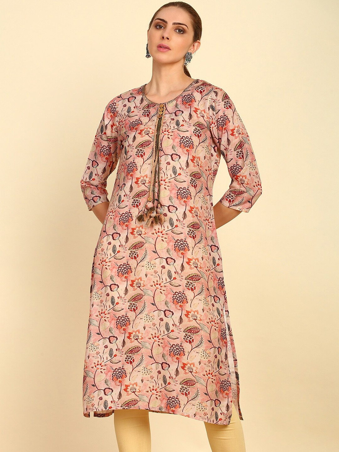 

Soch Peach Coloured Floral Printed Straight Kurta