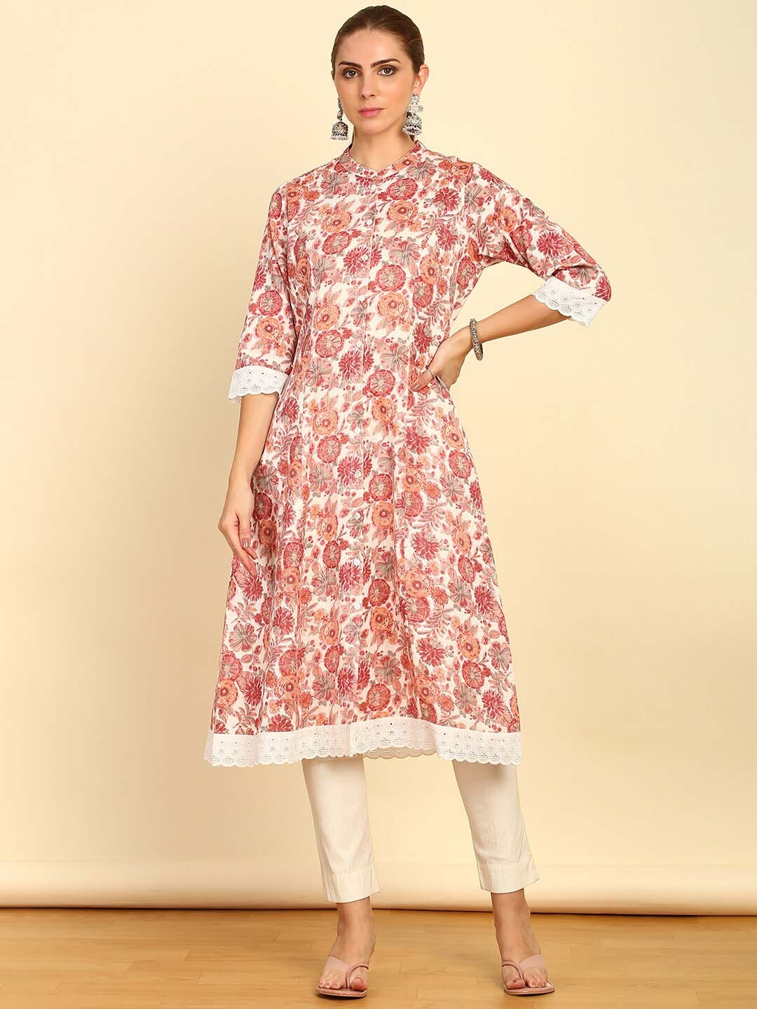 

Soch Off White Floral Printed A-Line Pure Cotton Kurta