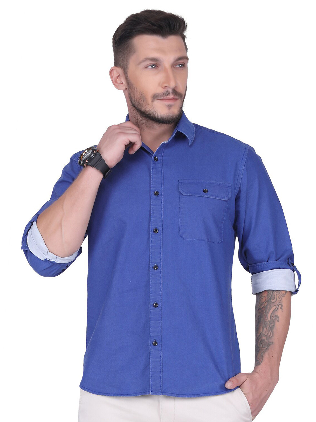 

USMC Relaxed Spread Collar Roll Up Sleeves Cotton Casual Shirt, Blue