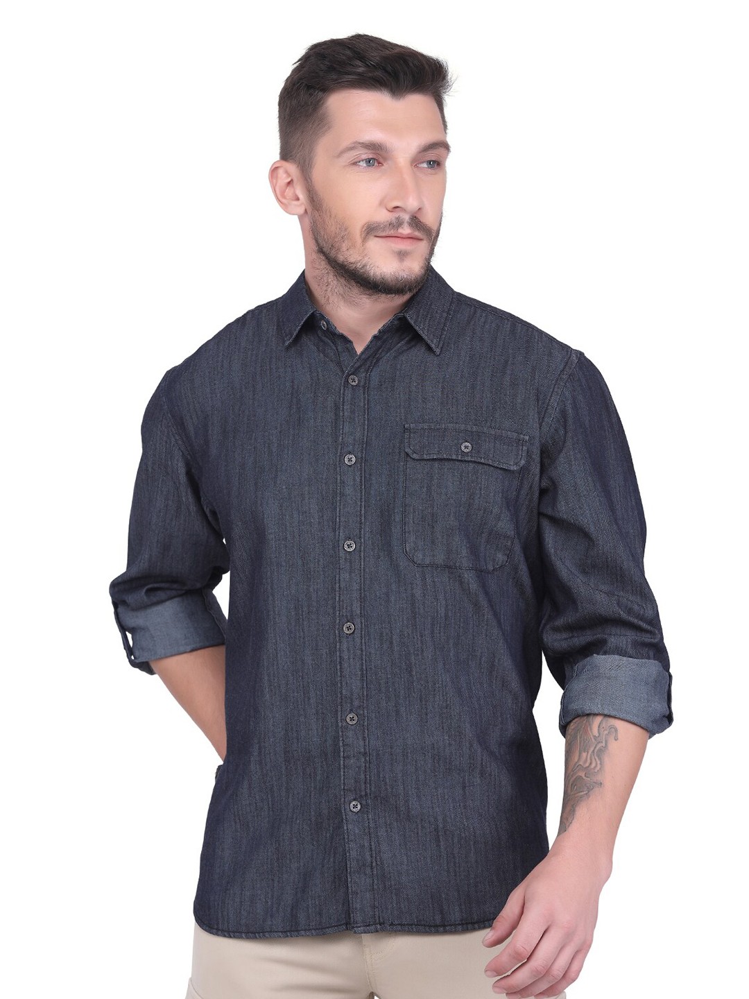 

USMC Relaxed Spread Collar Chambray Casual Shirt, Black