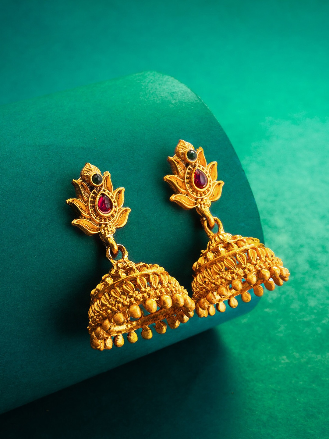 aadita Gold-Plated Stone-Studded Dome Shaped Jhumkas