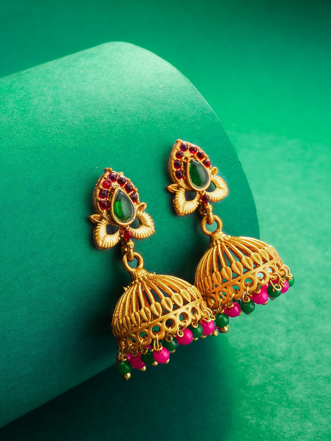 aadita Gold-Plated Stone-Studded & Beaded Dome Shaped Jhumkas