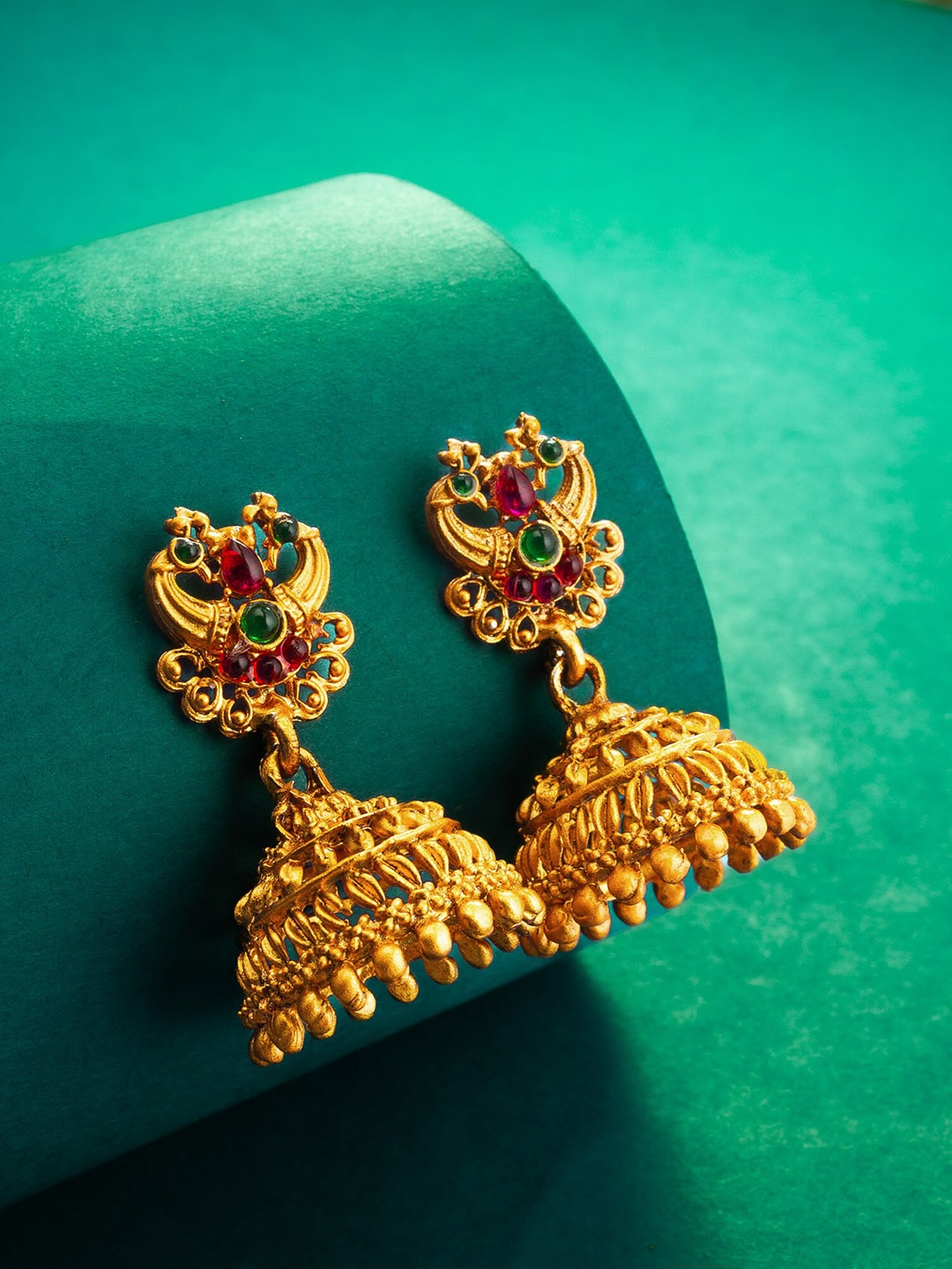 aadita Gold-Plated Stone-Studded Dome Shaped Jhumkas