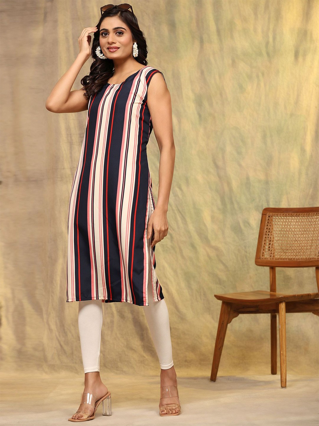 

Phenav Striped Round Neck Straight Kurtas, Pink