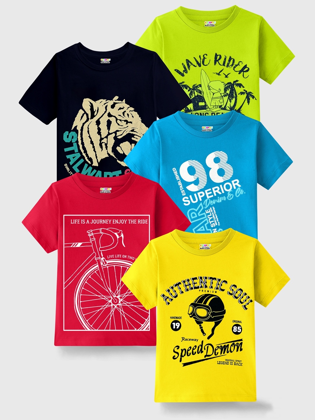 

KUCHIPOO Boys Pack Of 5 Printed T-shirt, Green