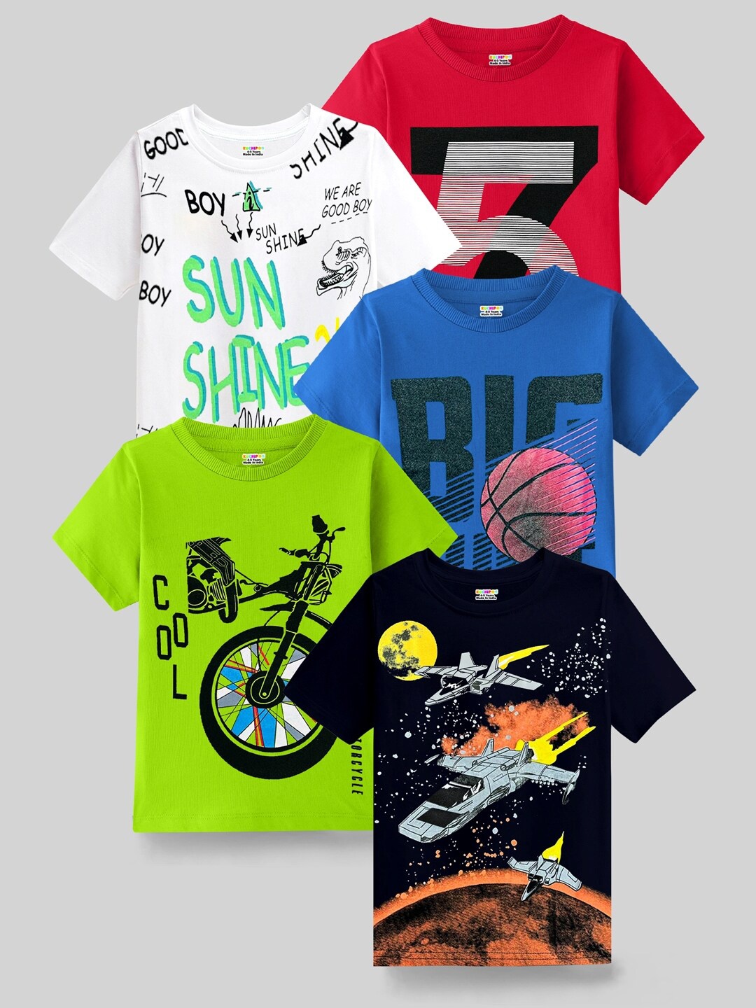 

KUCHIPOO Boys Pack of 5 Typography Printed T-shirt, Red