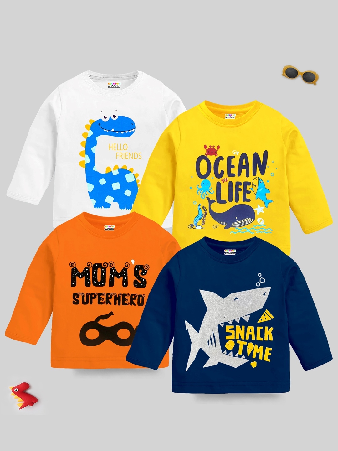 KUCHIPOO Boys Pack Of 4 Printed T-shirt, Navy blue