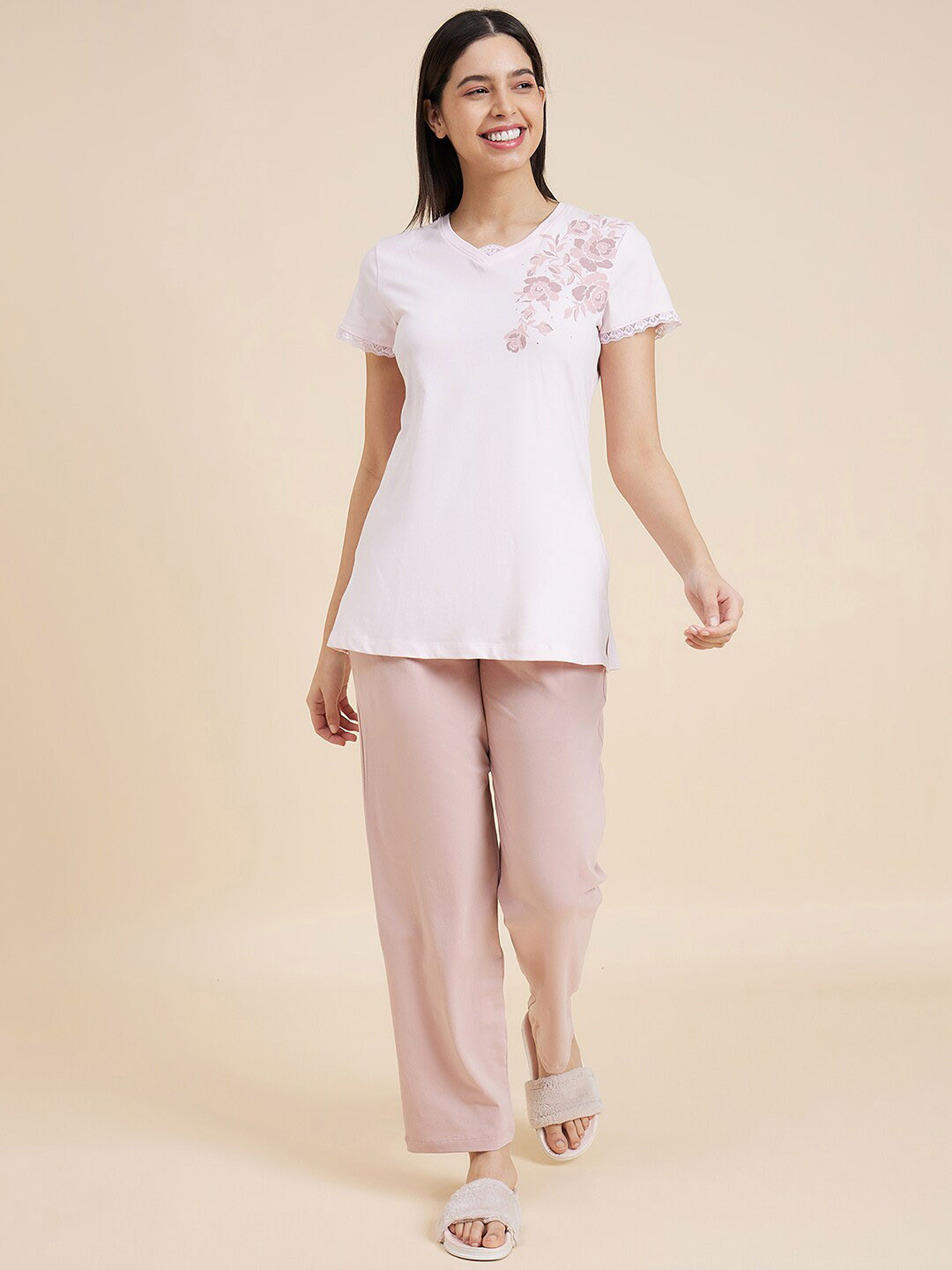 

Sweet Dreams White Floral Printed Night suit, Pink