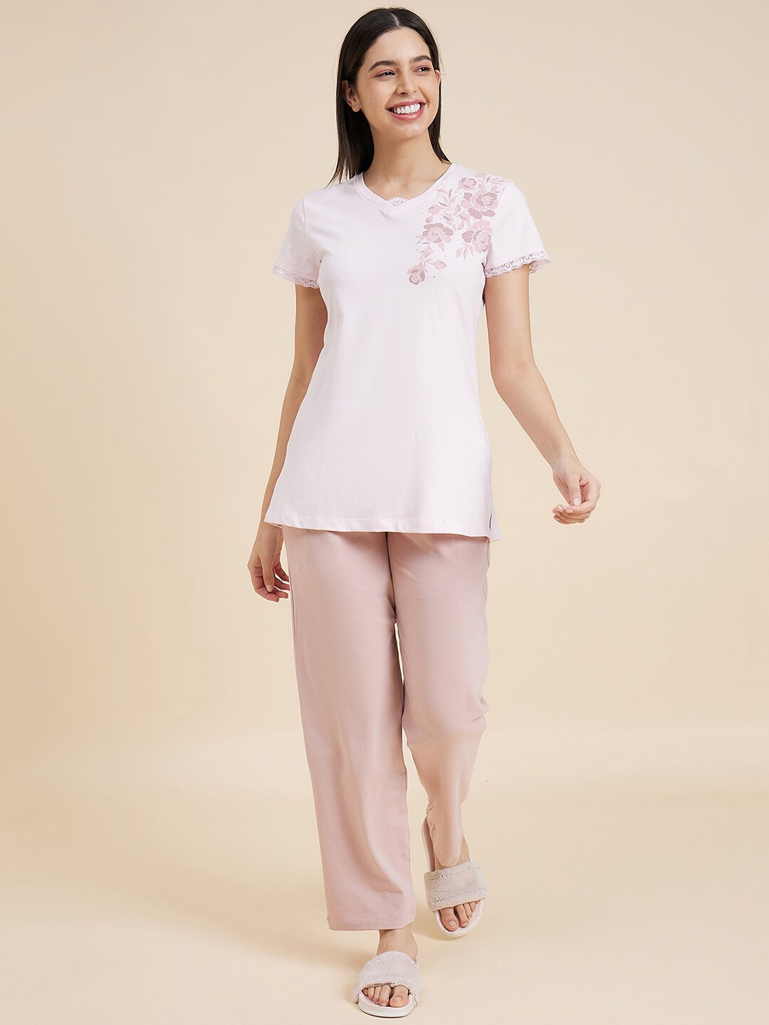 

Sweet Dreams Pink Floral Printed V-Neck Top & Pyjama