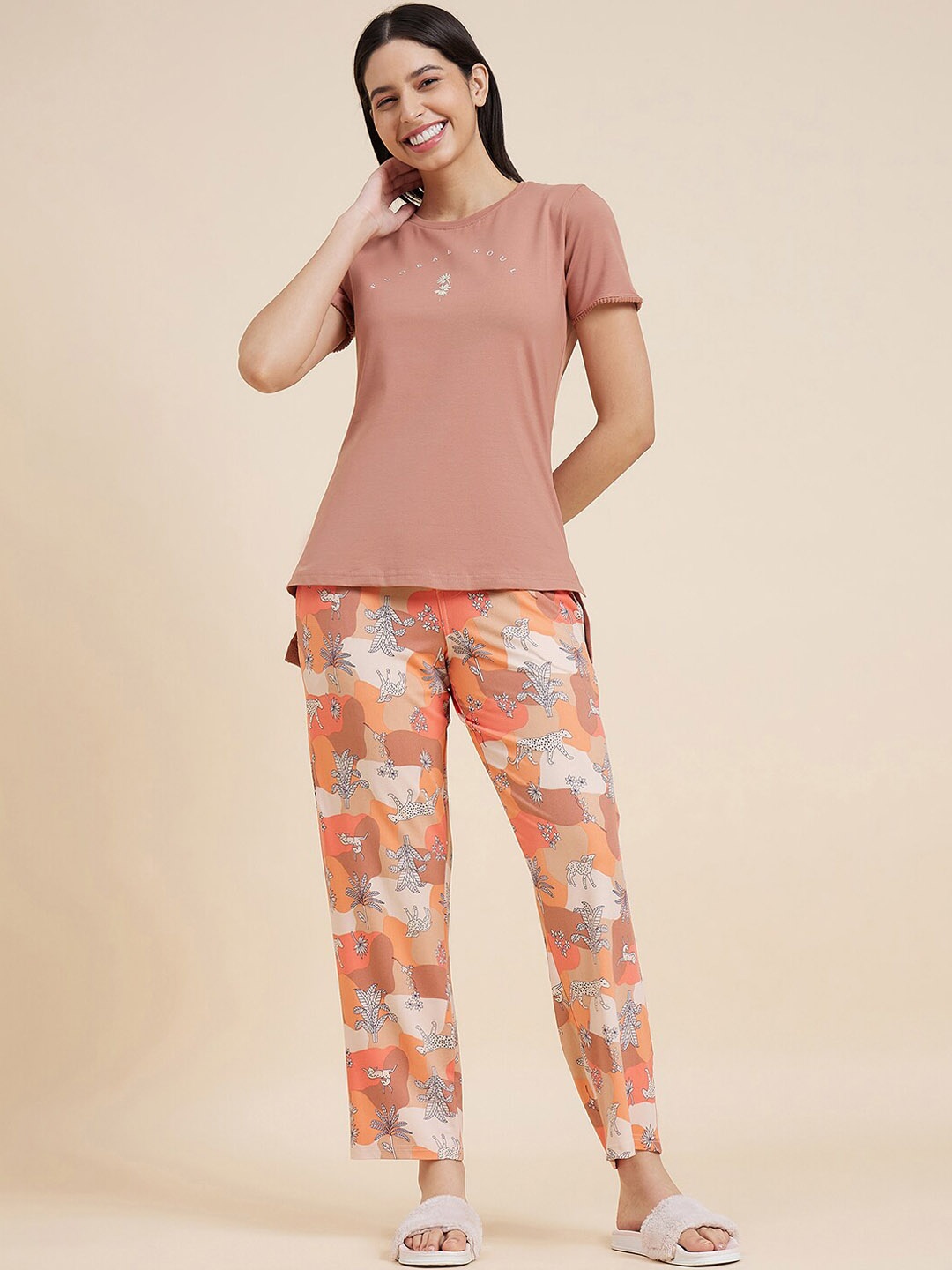 

Sweet Dreams Brown Printed Top & Trousers, Cream