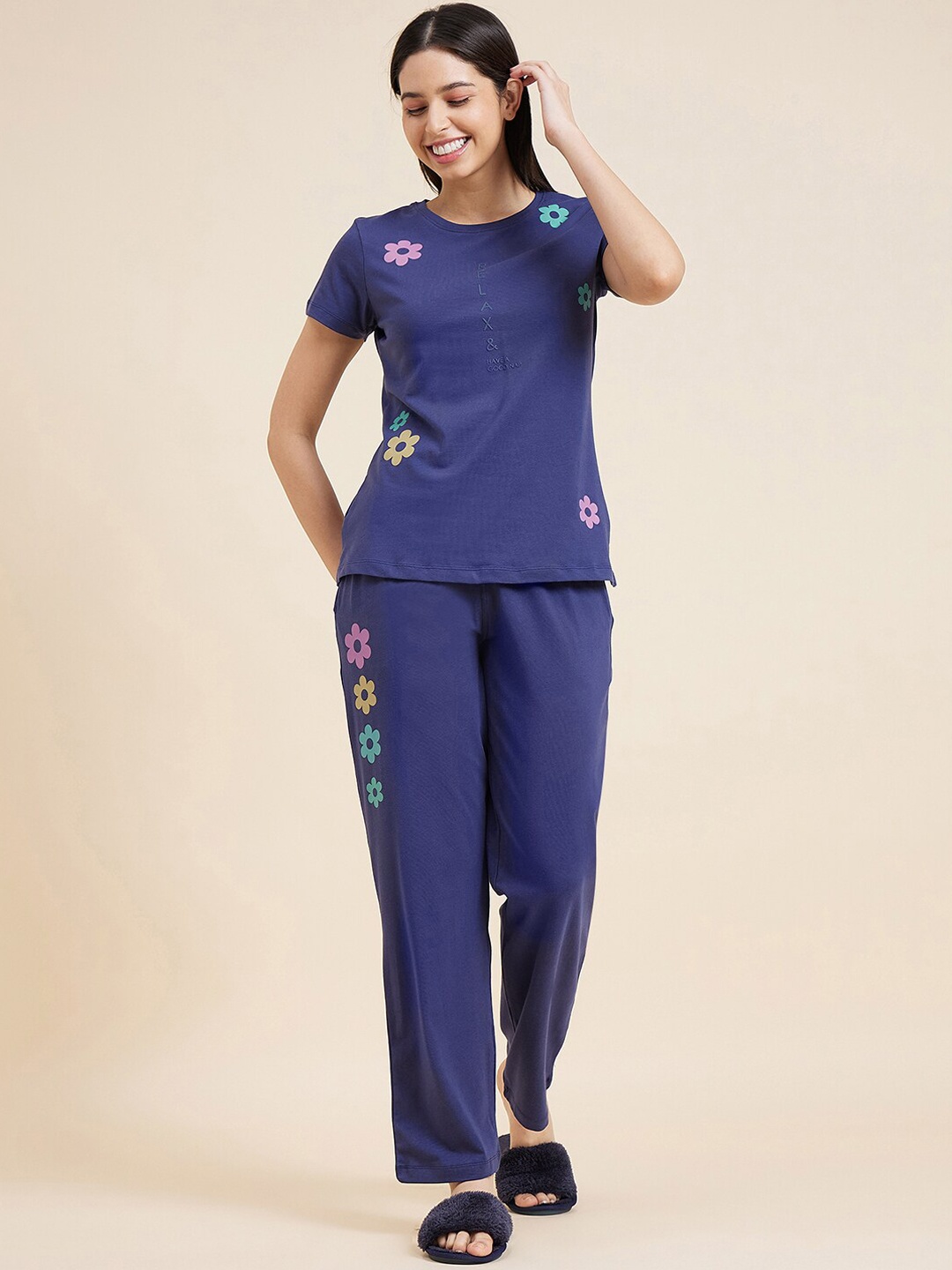 

Sweet Dreams Navy Blue Floral Printed Top & Pyjama