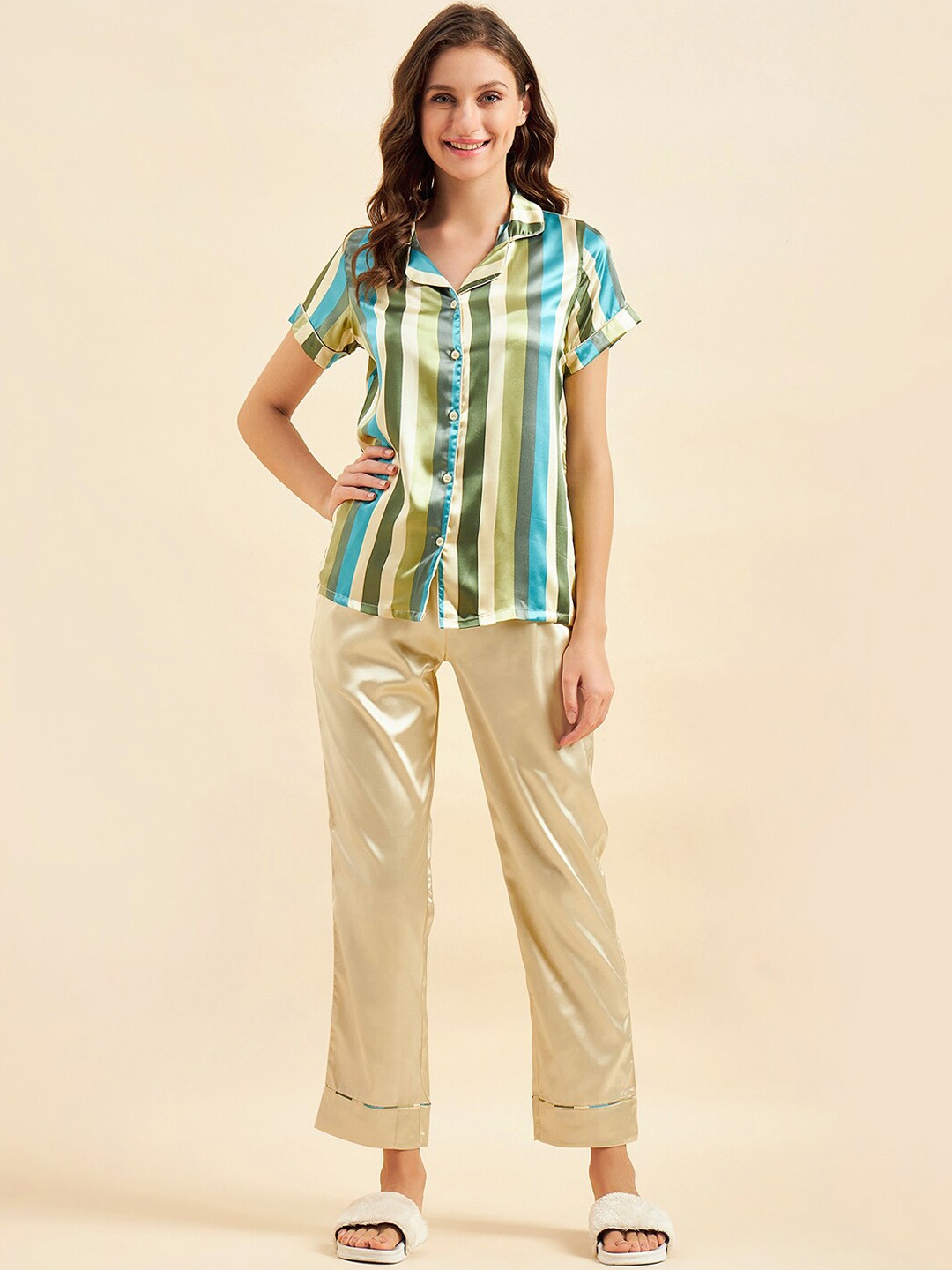 

Sweet Dreams Green Striped Satin Night suit