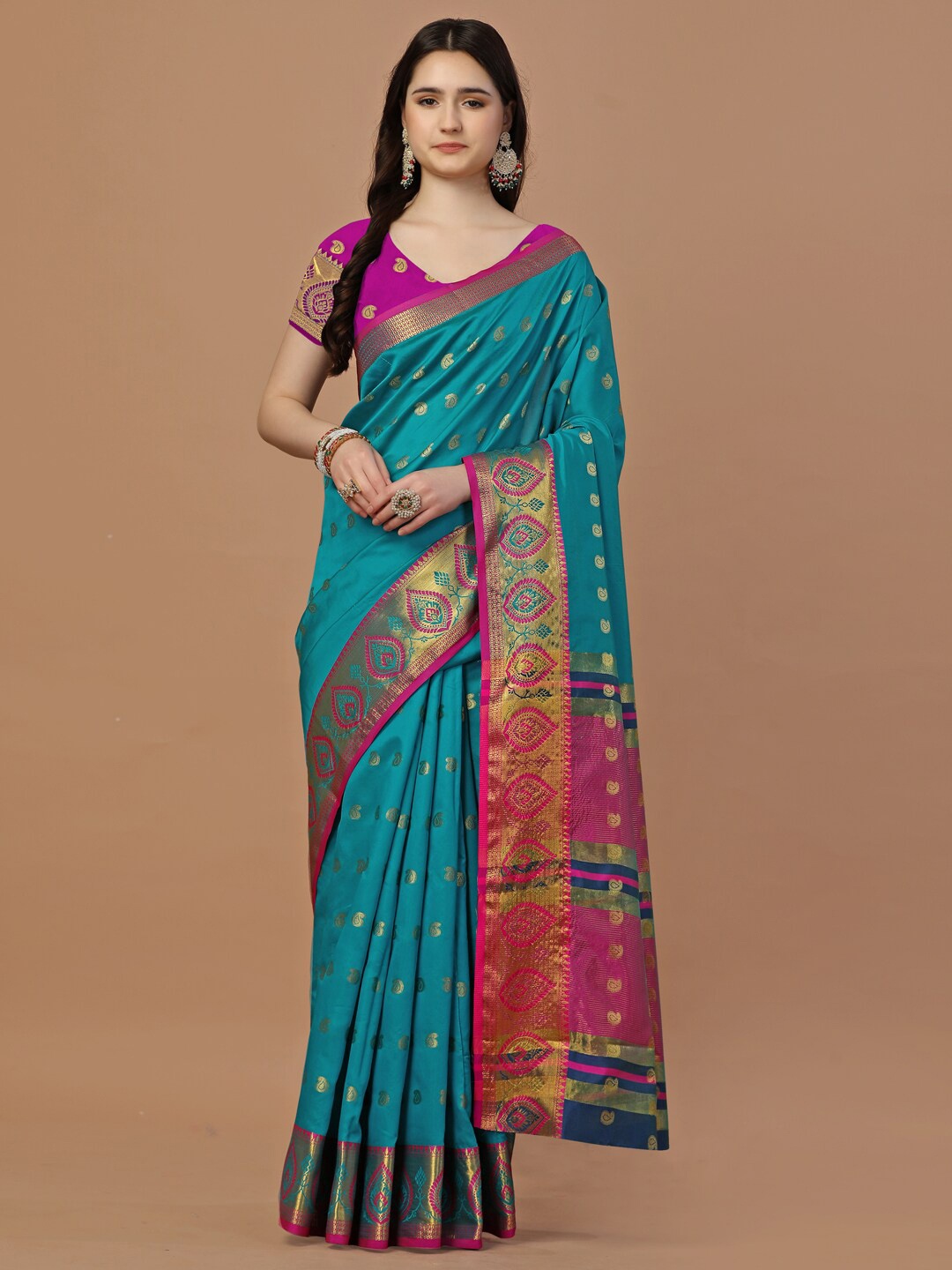 

JUST FASHION Woven Design Zari Art Silk Banarasi Saree, Turquoise blue