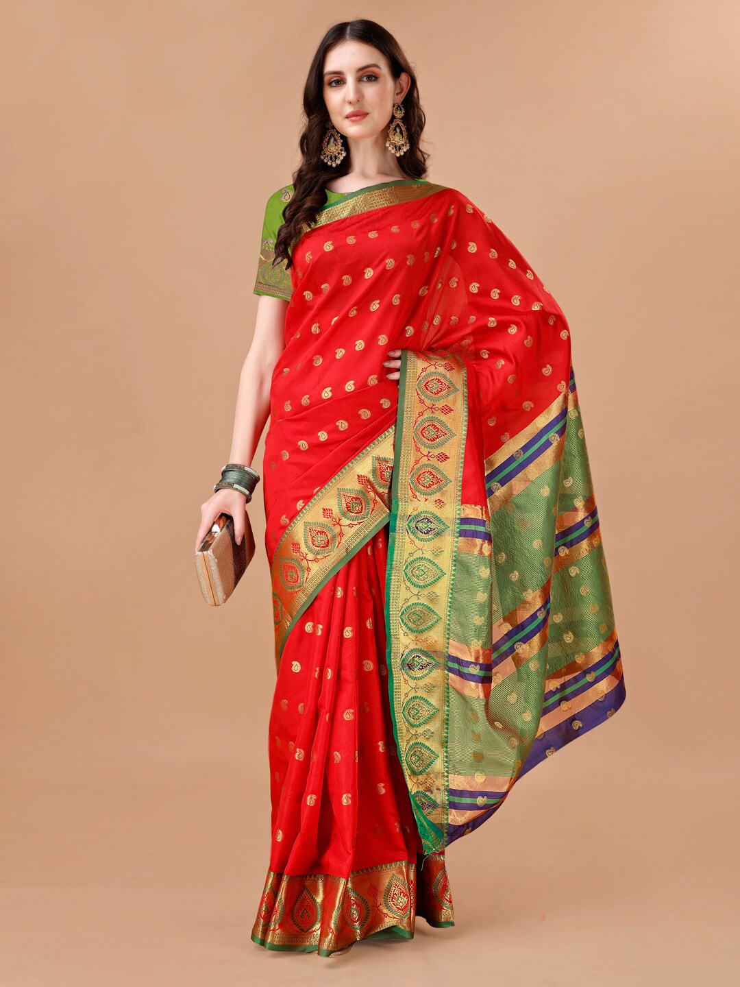 

JUST FASHION Woven Design Zari Art Silk Banarasi Saree, Red