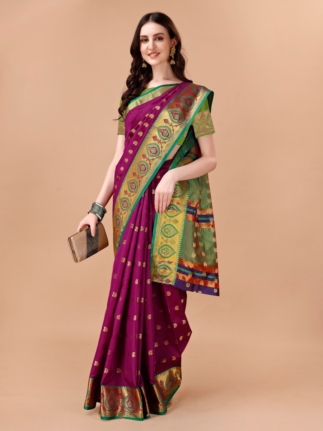 

JUST FASHION Woven Design Zari Art Silk Banarasi Saree, Magenta