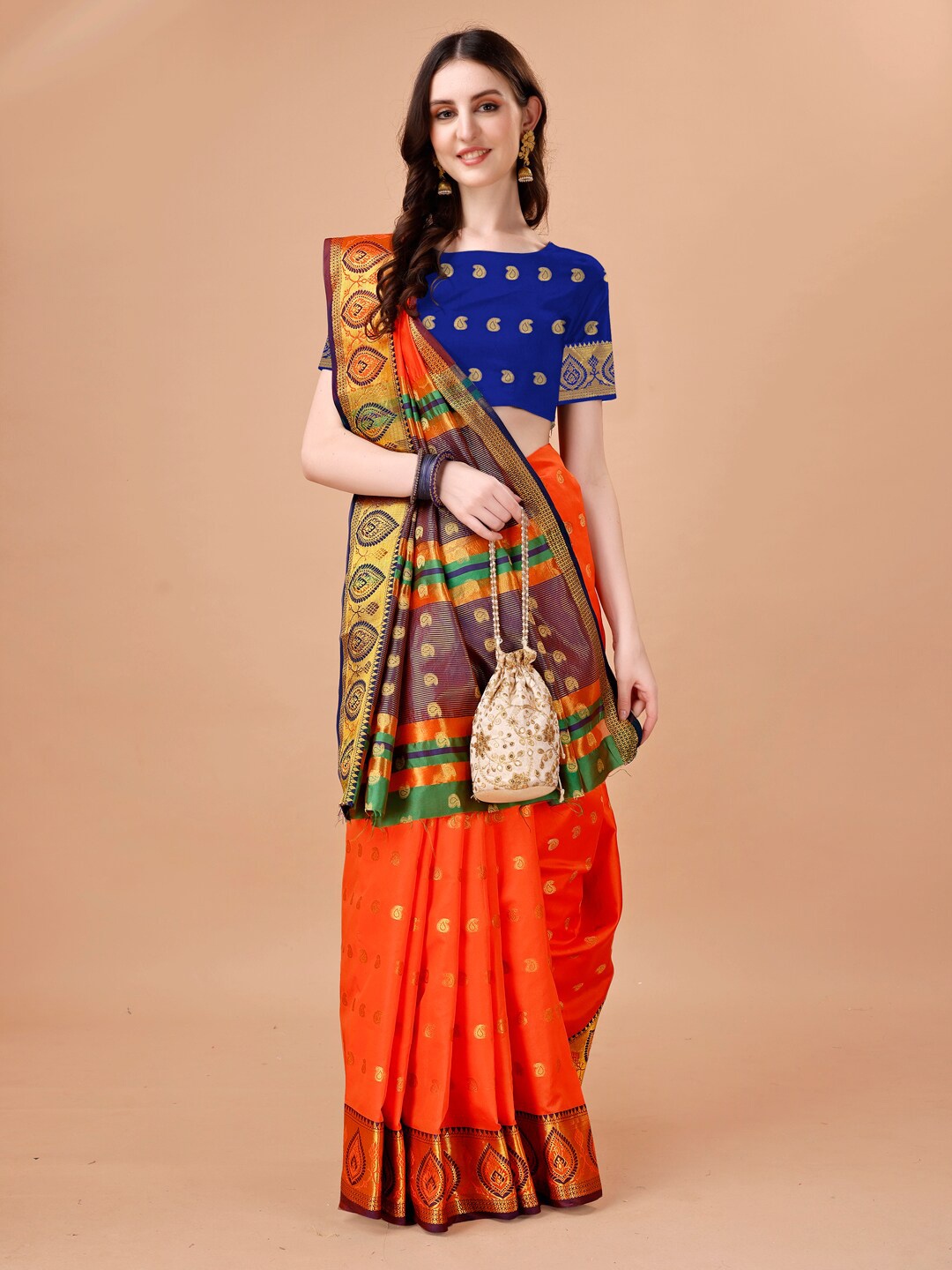 

JUST FASHION Woven Design Zari Art Silk Banarasi Saree, Orange