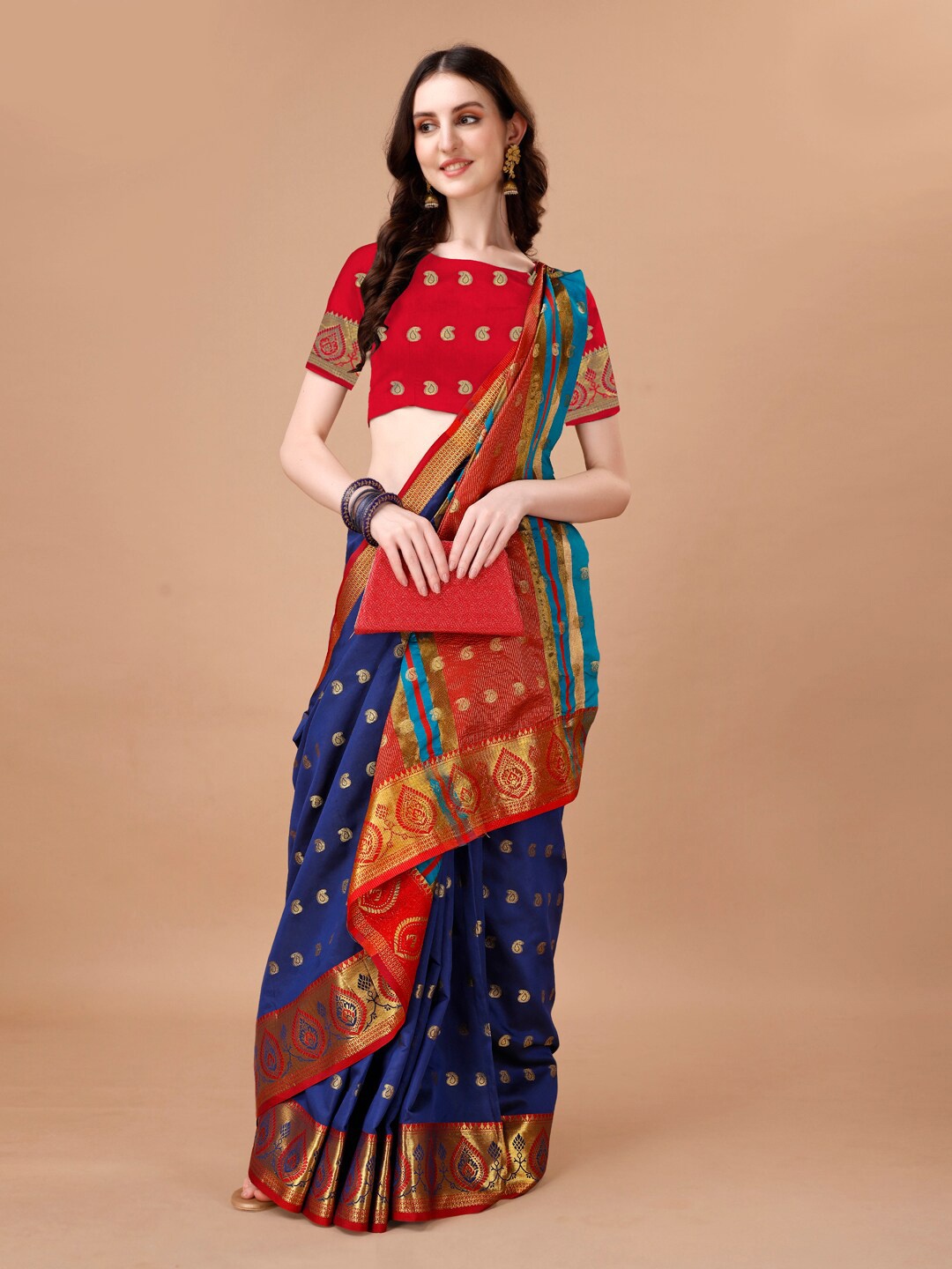 

JUST FASHION Ethnic Motifs Zari Art Silk Banarasi Saree, Navy blue