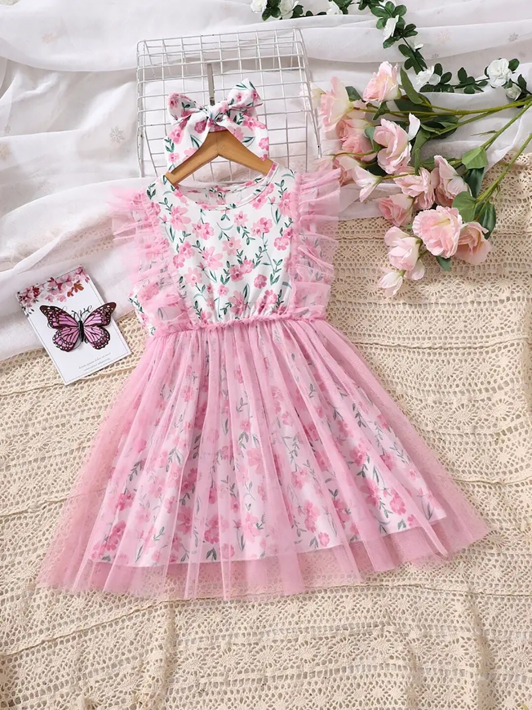 

BAESD Girls Floral Printed Round Neck Ruffled Net Fit & Flare Dress, Pink