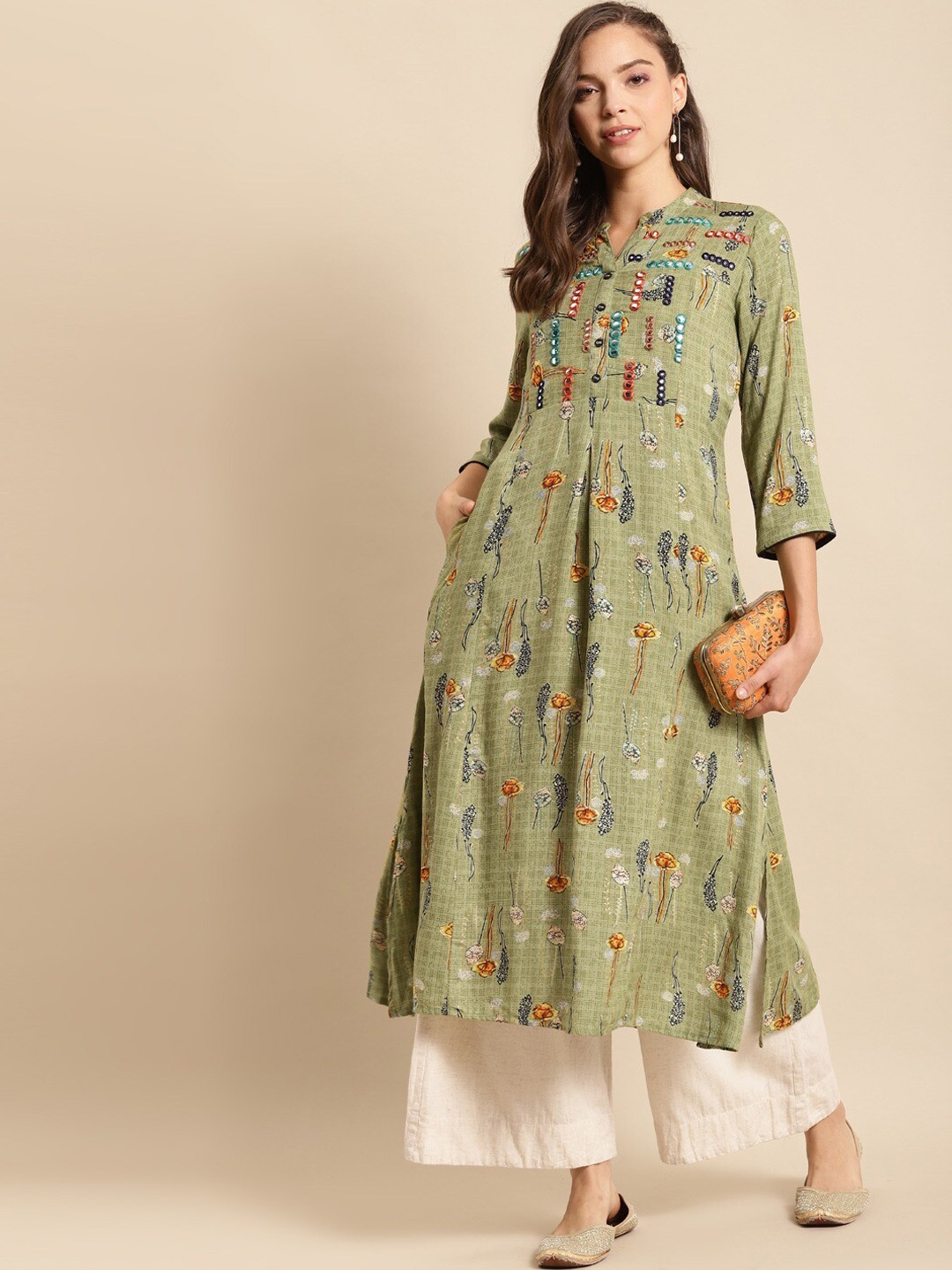 

all about you Green Floral Printed Mandarin Collar Mirror Work A-Line Kurta