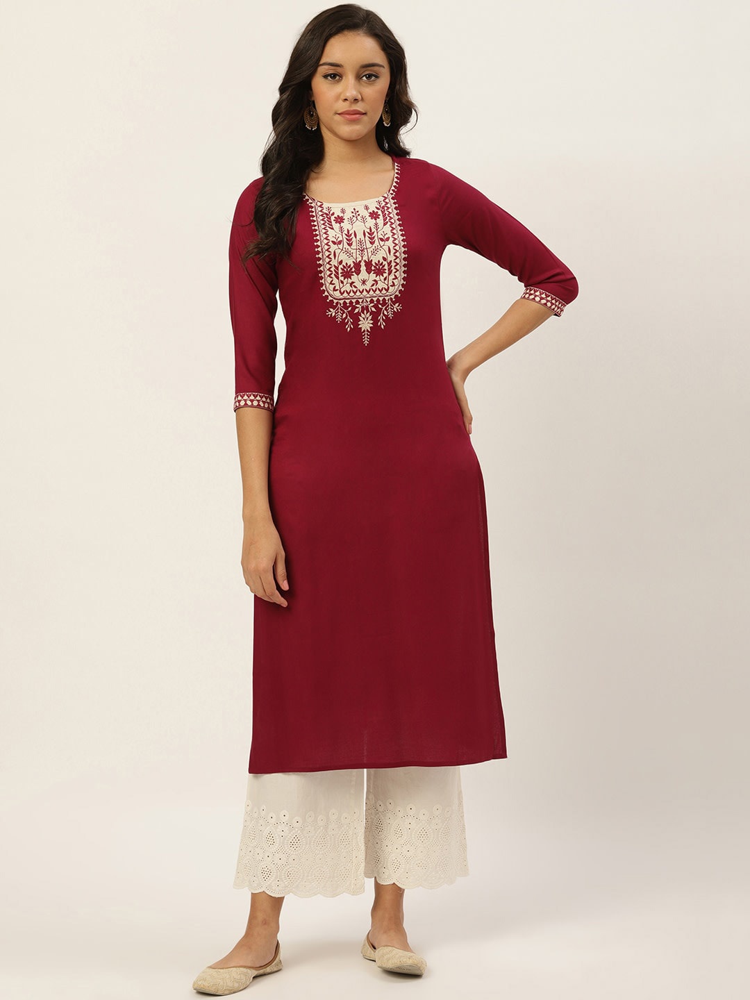 

all about you Maroon Floral Yoke Design Thread Work Cotton Straight Kurta
