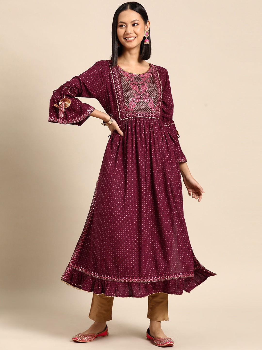 

all about you Maroon Floral Embroidered Bell Sleeves Mirror Work A-Line Kurta