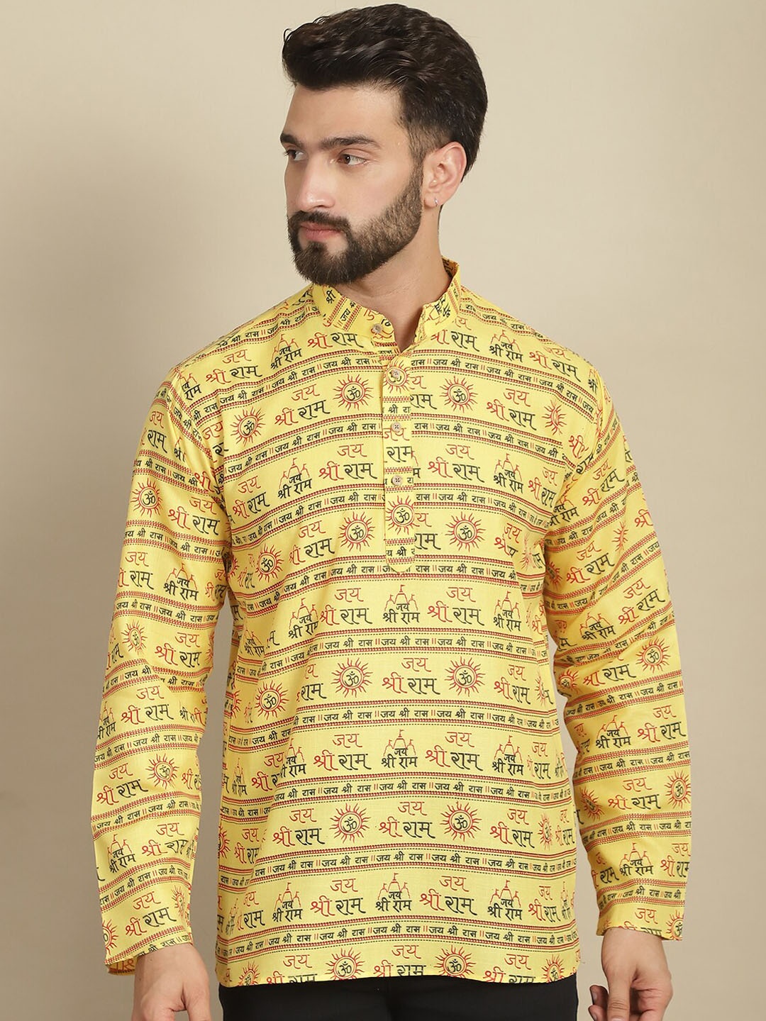 

Armaan Ethnic Motifs Printed Mandarin Collar Cotton Straight Kurta, Yellow