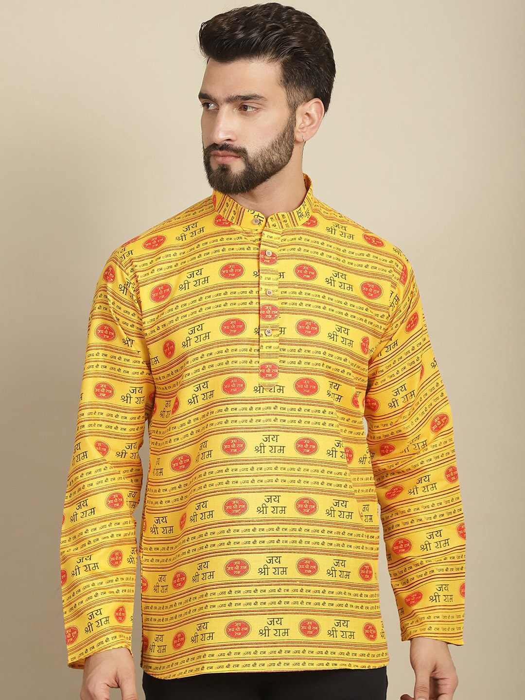 

Armaan Ethnic Motifs Printed Mandarin Collar Cotton Straight Kurta, Yellow