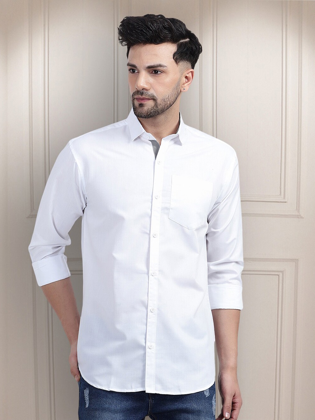 

Tee Projekt Standard Spread Collar Cotton Curved Casual Shirt, White