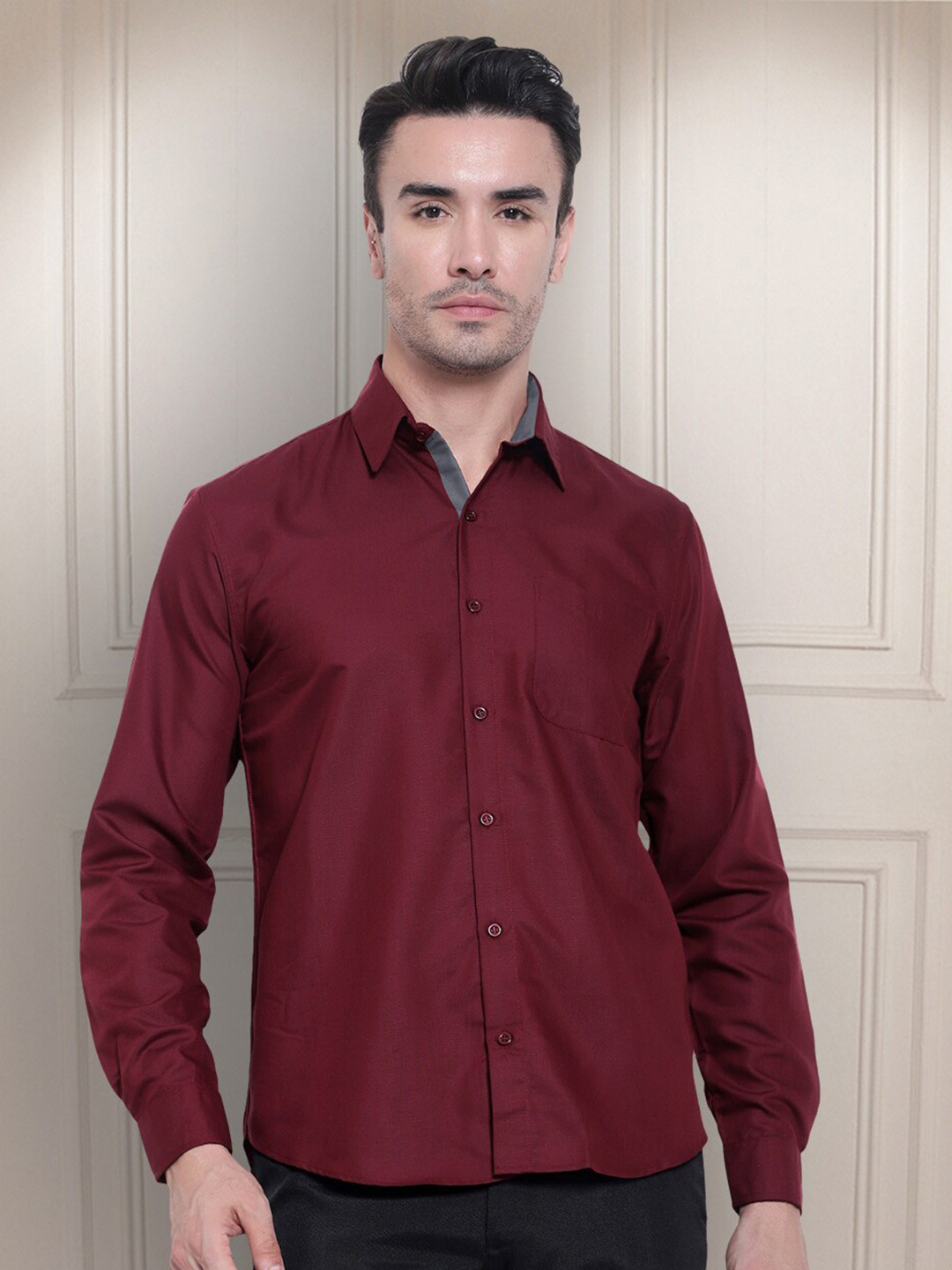 

Tee Projekt Standard Spread Collar Cotton Curved Casual Shirt, Maroon