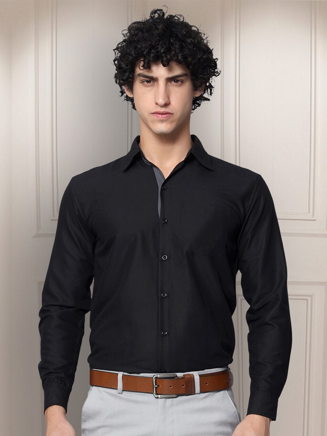 

Tee Projekt Standard Spread Collar Cotton Curved Formal Shirt, Black