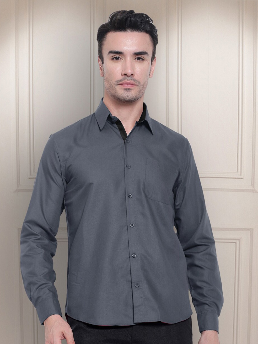 

Tee Projekt Standard Spread Collar Cotton Curved Casual Shirt, Grey