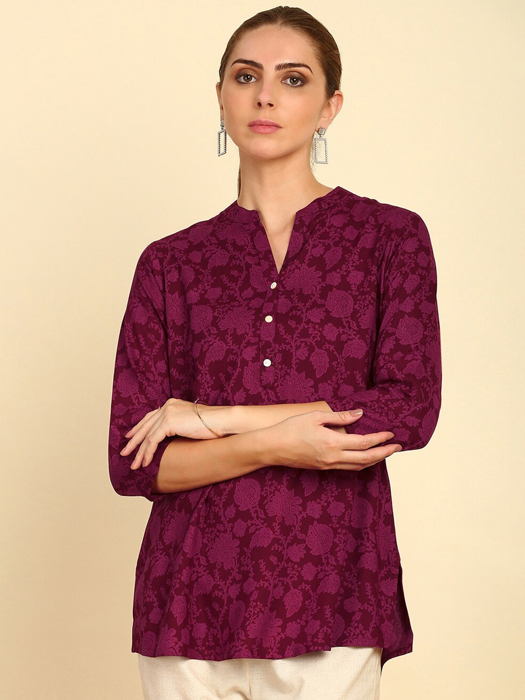 

Soch Floral Printed Mandarin Collar Tunic, Maroon