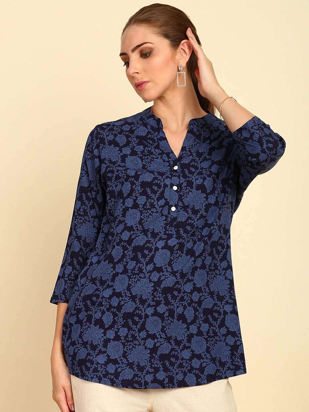 

Soch Navy Blue Floral Printed Mandarin Collar Tunic