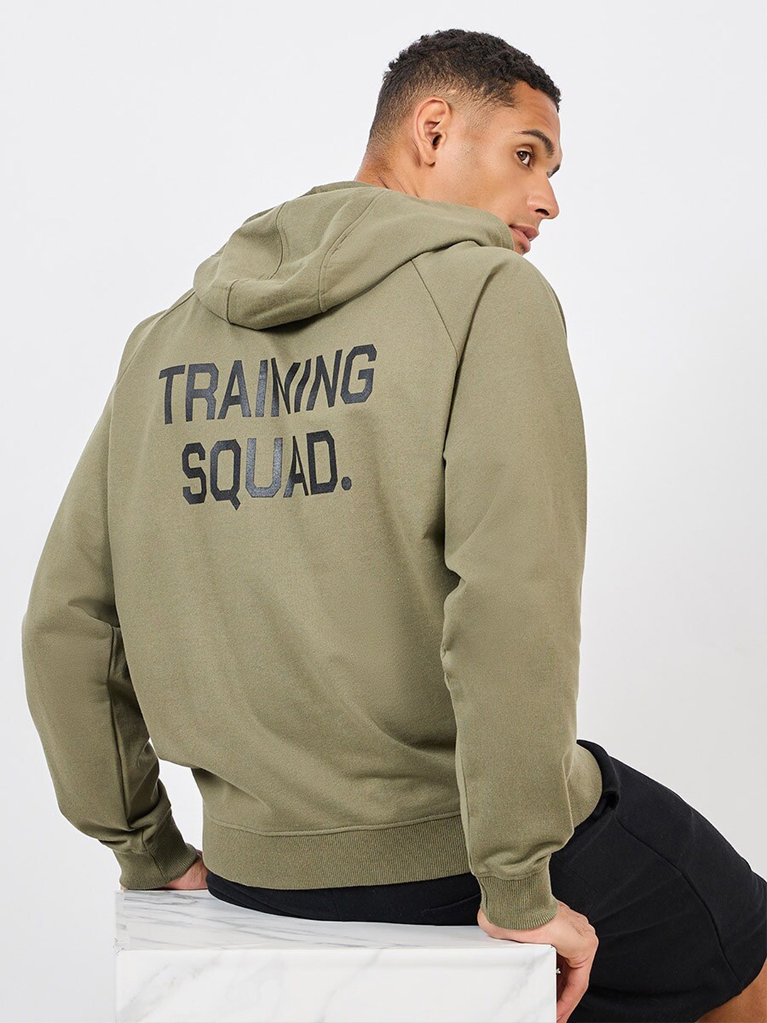 

Styli Oversized Front and Back Print Athleisure Terry Hoodie, Olive