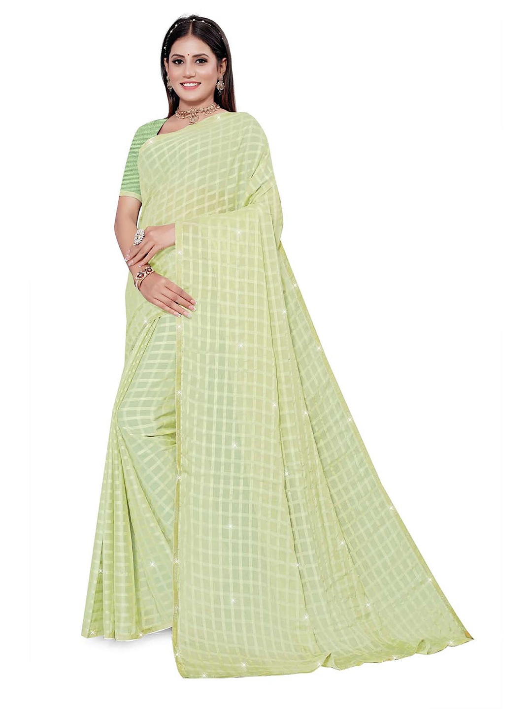 

V TEX SAREES Checked Woven Design Beads and Stones Saree, Green