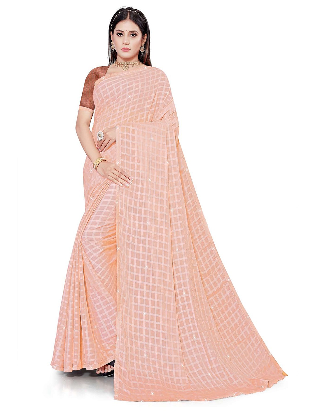

V TEX SAREES Checked Woven Design Beads and Stones Saree, Peach