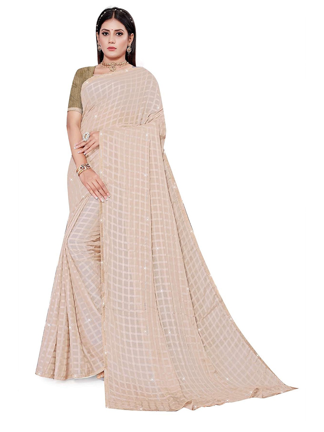 

V TEX SAREES Checked Woven Design Beads and Stones Saree, Beige
