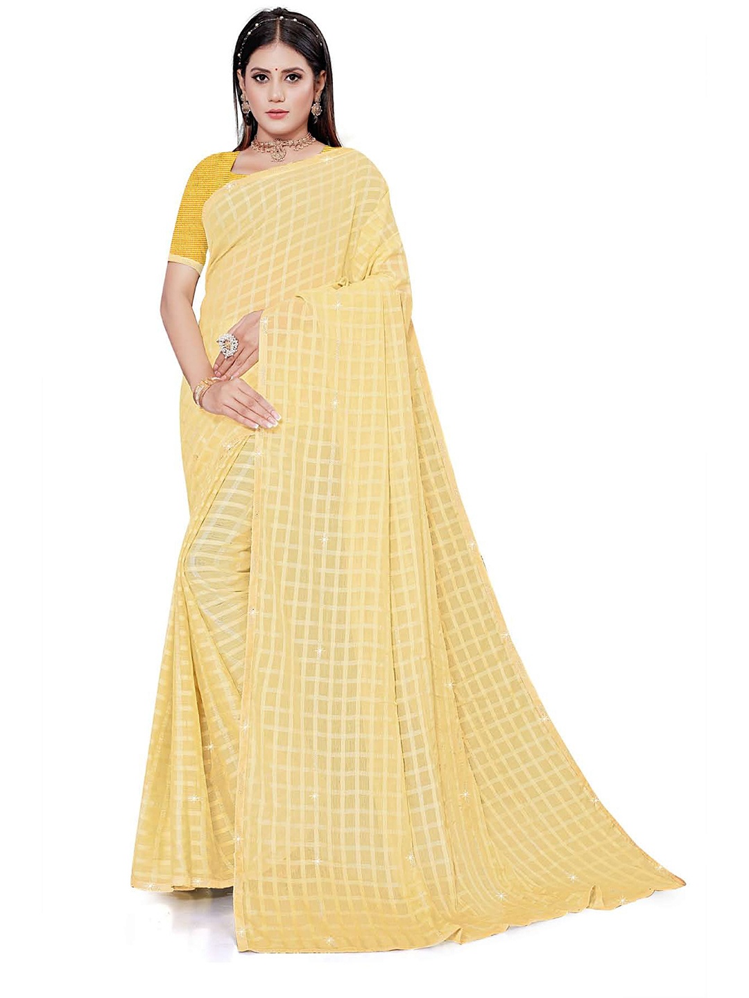 

V TEX SAREES Checked Woven Design Beads and Stones Saree, Yellow