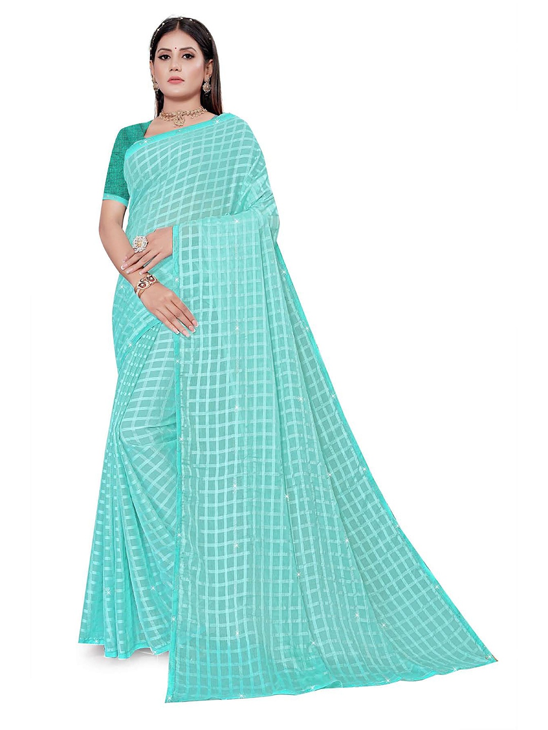 

V TEX SAREES Checked Woven Design Beads and Stones Saree, Blue