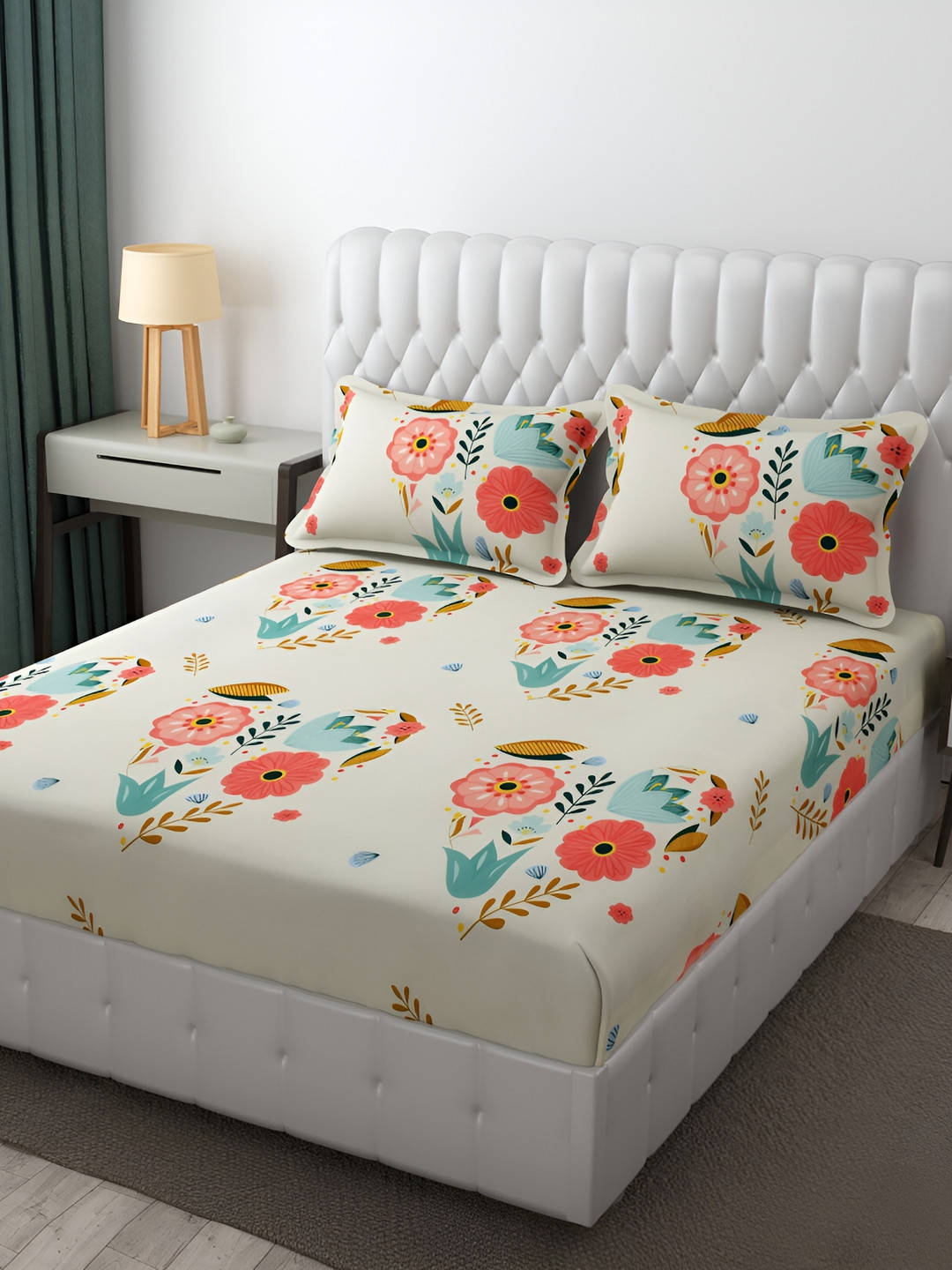 

FINE TEX WORLD Cream Floral 210 TC Microfiber Fitted King Bedsheet With 2 Pillow Covers
