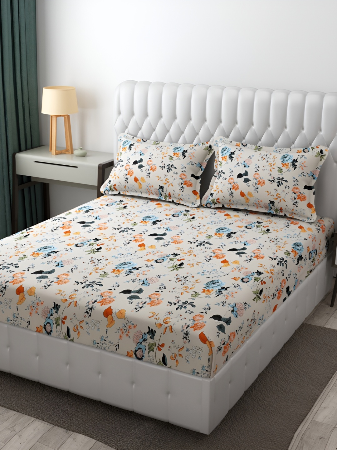 

FINE TEX WORLD Peach Floral 210 TC Microfiber Fitted King Bedsheet With 2 Pillow Covers