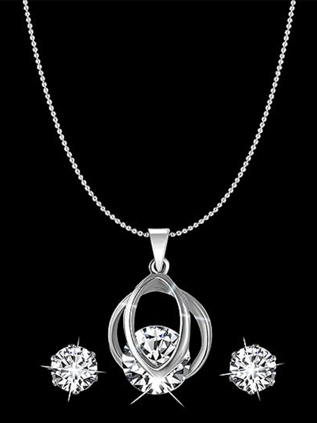 

Vighnaharta Rhodium-Plated Cubic Zirconia Pendant With Earrings, Silver