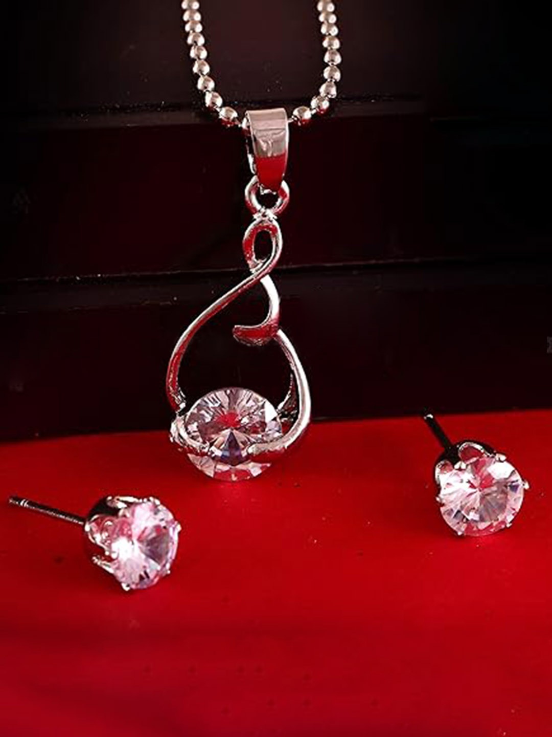 

Vighnaharta Rhodium-Plated Cubic Zirconia Pendant With Earrings, Silver