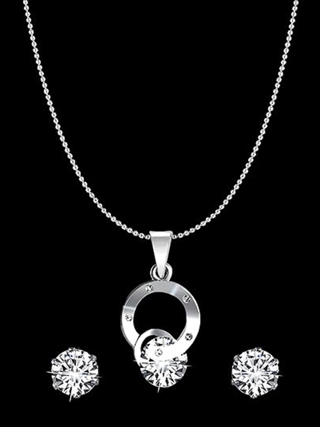 

Vighnaharta Rhodium-Plated Cubic Zirconia Pendant With Earrings, Silver