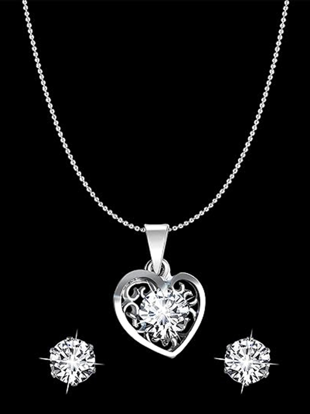 

Vighnaharta Rhodium-Plated Cubic Zirconia Pendant With Earrings, Silver